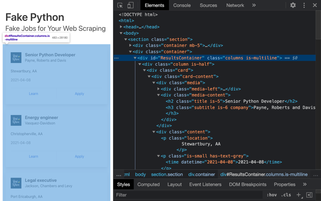 Chrome 开发人员工具打开，显示假 Python 工作板卡的 HTML