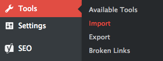导入，在 WordPress 仪表板中的工具下