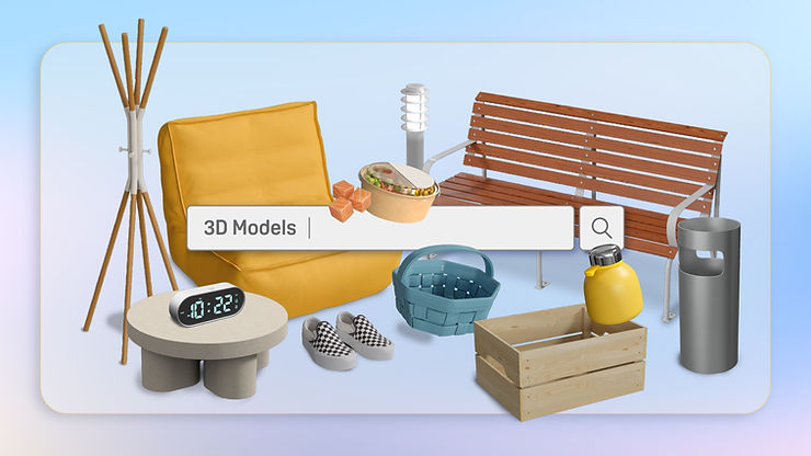 有人在线搜索 3D 模型的屏幕截图。背景有 3D 模型，如长凳、垃圾桶、鞋子、茶几、午餐盒……