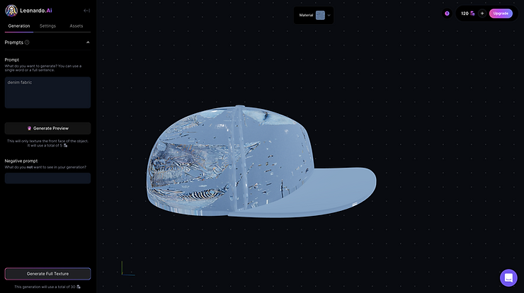 使用 Leonardo AI 创建的牛仔布纹理帽子的屏幕截图