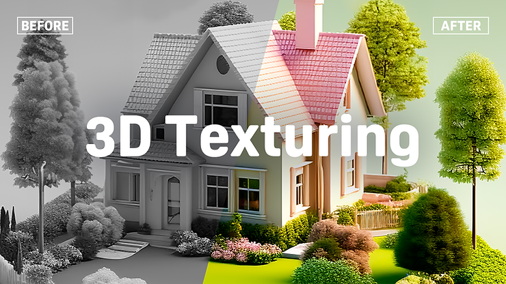 为房屋和植物添加颜色和照明之前和之后的 3D 纹理示例的封面照片