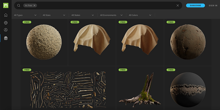 different textures, fabric and 3D models on the Quixel website