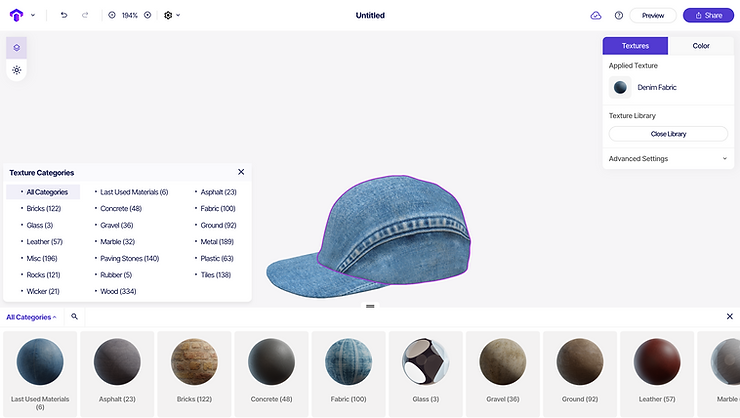 Toggle 3D 网站上有不同纹理类别可供选择的牛仔布纹理帽子的屏幕截图