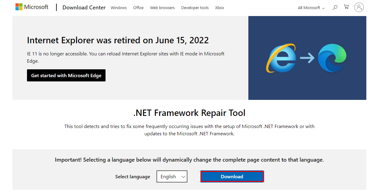 下载 Microsoft .NET Framework 修复工具。