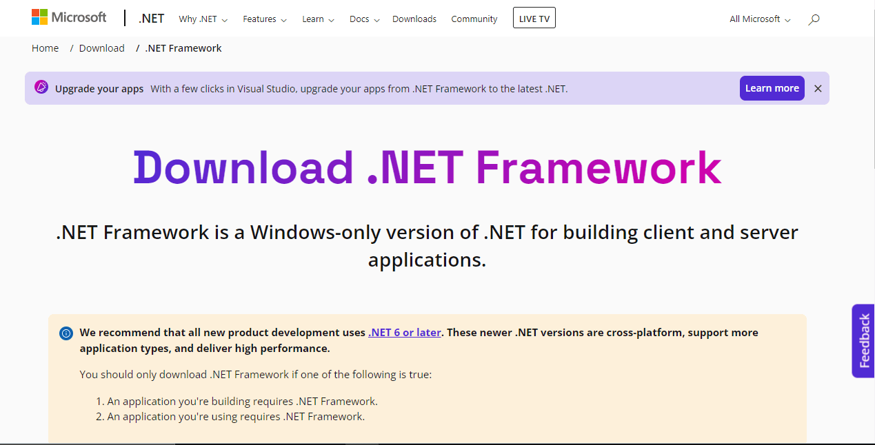 访问 Microsoft .NET Framework 下载页面。